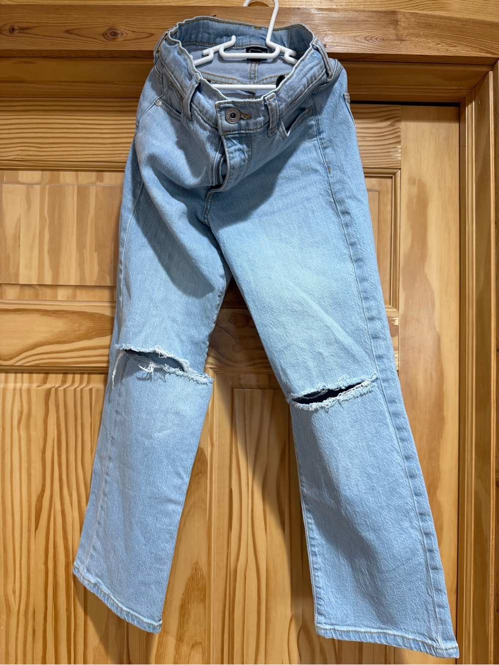 Light Blue Girls Ripped Straight-Leg Jeans